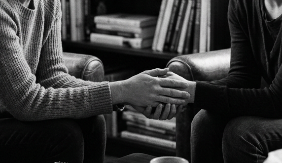 Two women sitting in armchairs holding hands in a supportive conversation